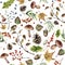 Watercolor autumn forest pattern. Hand painted mushroom, rowan, fall leaves, tree branch, pine cone, berry and acorn