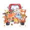 Watercolor autumn harvest illustration of red vintage truck with pumpkins, cozy blanket, fall leaves. Hand drawn Thanksgiving card