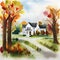 Watercolor of autumn house in the park