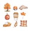 Watercolor autumn illustration. Coffee latte cup, pumpkin, pie, tree, foliage, pillow, candle, isolated. Fall graphics