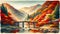 watercolor - Autumn leaves at Arashiyama with the Togetsukyo Bridge in the foreground and Mount Arashiyama in the background