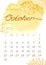 Watercolor Autumn Oktober month Calendar template for 2022 year. Week Starts Sunday. Yellow and orange Splash and leaf