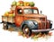 Watercolor autumn old pickup truck clipart pumpkins vintage farm fresh market harvest fall scenery farm life Thanksgiving