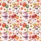 Watercolor autumn pattern with flowers, pumpkins, desserts on a white background