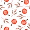 Watercolor autumn pattern with orange brown leaves and twigs, apples.