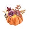 Watercolor autumn pumpkin arrangement. Orange pumpkin with dry colorful fall leaves and burgundy flowers, isolated