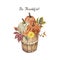 Watercolor autumn pumpkin arrangement. Orange pumpkins with dry colorful fall leaves and seasonal flowers in a wood basket