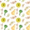 Watercolor autumn pumpkin pattern with autumn leaves. Pattern with branches and leaves. Pattern with green zucchini and