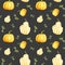 Watercolor autumn pumpkin seamless pattern on a dark background. Orange round gourd with leaves and warty pear gourd