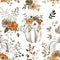 Watercolor autumn pumpkin seamless pattern. Fall rpint with white pumpkins, orange and brown flowers, dry leaves