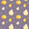 Watercolor autumn pumpkin seamless pattern on a gentle purple background. Orange round gourd with leaves and warty pear