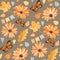 Watercolor autumn seamless pattern with handdrawn orange flowers, fall leaves, flags, butterflies for autumn decoration