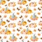 Watercolor autumn seamless pattern with handdrawn orange flowers, fall leaves, pumpkins, butterflies for autumn decoration