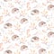 Watercolor autumn seamless pattern with hedgehog, mashrooms, branches, leaves and berries. Set of autumn forest plants