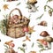 Watercolor autumn seamless pattern with mushrooms, basket and snail. Hand painted amanita muscaria, chanterelle, boletus