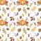 Watercolor autumn seamless pattern with orange pumpkins, colorful tree leaves and red berries. Fall symbols, isolated on white