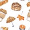 Watercolor autumn themed seamless pattern. Coffee latte, pumpkin pie, umbrella, orange foliage on white background.