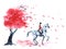 Watercolor autumn tree with red leaves and rider and on dapple grey horse on white.