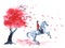 Watercolor autumn tree with red leaves and rider and on dapple grey rearing up
