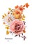 Watercolor autumn vector bouquet. Fall, dusty pink moody, rose flowers, cream orange dahlia, yellow red eucalyptus leaves,