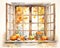 watercolor autumn window with dried leaves and pumpkins.
