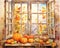 watercolor autumn window with dried leaves and pumpkins.