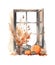 Watercolor autumn window with dried leaves and pumpkins. Countryside fall house illustration