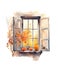 Watercolor autumn window with dried leaves and pumpkins. Countryside fall house illustration