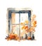 Watercolor autumn window with dried leaves and pumpkins. Countryside fall house illustration