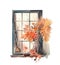 Watercolor autumn window with dried leaves and pumpkins. Countryside fall house illustration