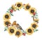 Watercolor autumn wreath with redbreast, sunflowers, berries and eucalyptus leaves. Hand painted border isolated on