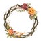 Watercolor autumn wreath with rose and dry branches.