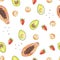 Watercolor avocado strawberry apricot papaya fruits isolated on white background. Seamless pattern. Hello my style