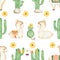 Watercolor baby alpaca seamless pattern. Cacti digital paper, cactus, florals, llama illustration. Mexican pattern, white little