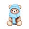 Watercolor baby boy teddy bear in blue scarf and beanie hat illustration.