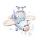 Watercolor baby cartoon pilot aviation hippopotamus, lion and zebra animals sky transport, airplanes clouds. cute