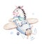 Watercolor baby cartoon pilot aviation hippopotamus, lion and zebra animals sky transport, airplanes clouds. cute