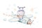 Watercolor baby cartoon pilot aviation hippopotamus, lion and zebra animals sky transport, airplanes clouds. cute