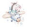 Watercolor baby cartoon pilot aviation hippopotamus, lion and zebra animals sky transport, airplanes clouds. cute