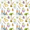 Watercolor baby dinosaurs among volcanoes and palm trees seamless pattern