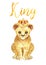 Watercolor baby lion isolated. Cute lion cub in a crown and hand lettering word king on white background. Cartoon illustration