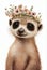 Watercolor baby meerkat portrait with flowers crown. Cartoon character face Safari animal illustration. Colorful meerkat