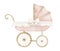 Watercolor Baby Pram in vintage style. Retro kid Stroller in cute pastel pink and beige colors. Carriage for children on