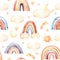 Watercolor baby seamless pattern. Colorful rainbow and golden stars, moon and sun. Abstract background of color arcs and starry