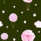 Watercolor baby seamless pattern with pink hot air balloon flowers, clouds and stars