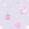 Watercolor baby seamless pattern with toy pink unicorn, hot air balloon, clouds and stars