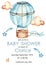 Watercolor baby shower for boys with hot air balloon, clouds, stars