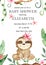 Watercolor baby shower with cute babies sloth and tropical leaves, creepers, flowers