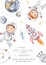 Watercolor baby shower Space adventure with little astronaut, planet, rocket, stars, comet