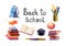 Watercolor Back to school set - books, autumn leaf, bag, apple, vintage pen and ink bottle, pencils. Bundle of isolated